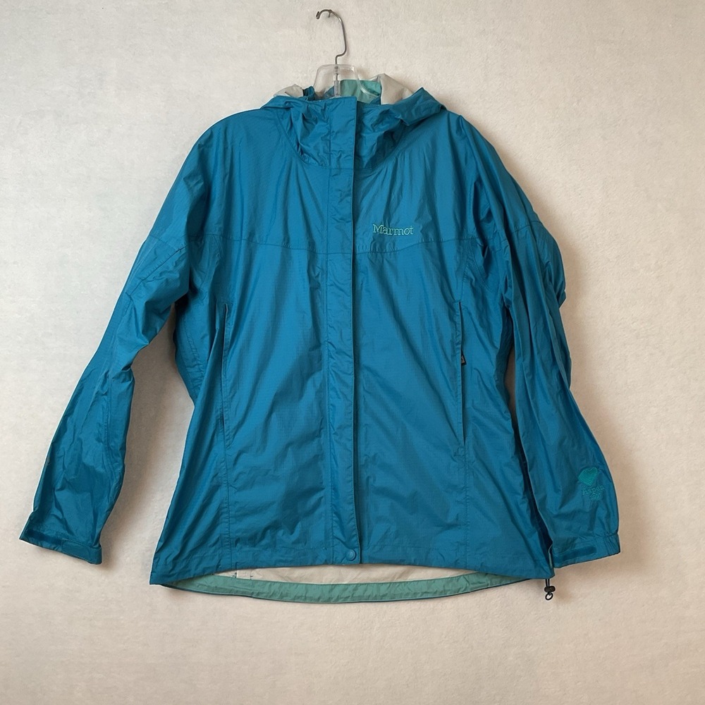 Marmot PreCip Jacket Windbreaker‎ Womens M Teal Blue Hooded Lightweight Full Zip
